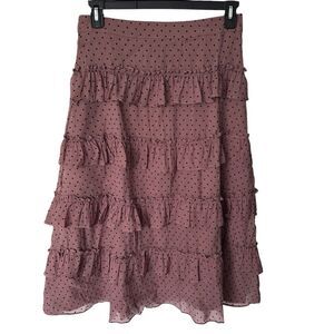 Rachel Parcell Tiered Ruffle Midi Skirt Size 10 Chiffon Flocked‎ Tan Black Dots